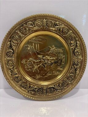 Vintage Embossed Brass-Tone Stagecoach Wall Plaque / Decorative Charger